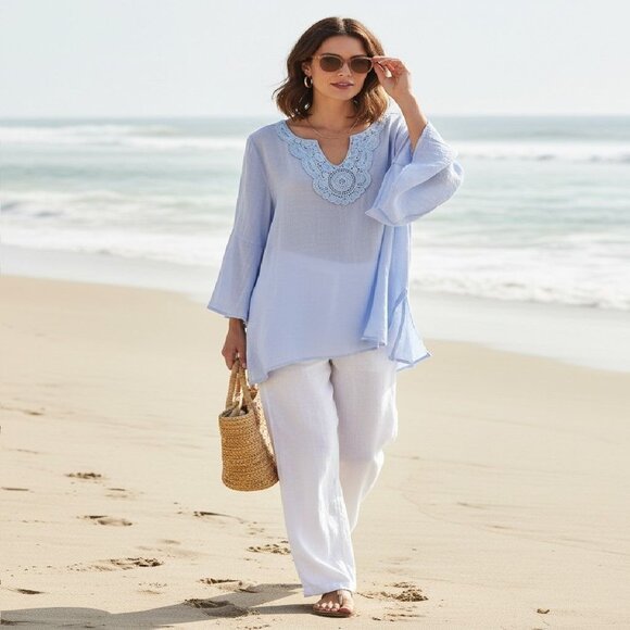 Spense Tops - Spense Top Size XXL Light Blue Crochet Neckline Boho Tunic Blouse